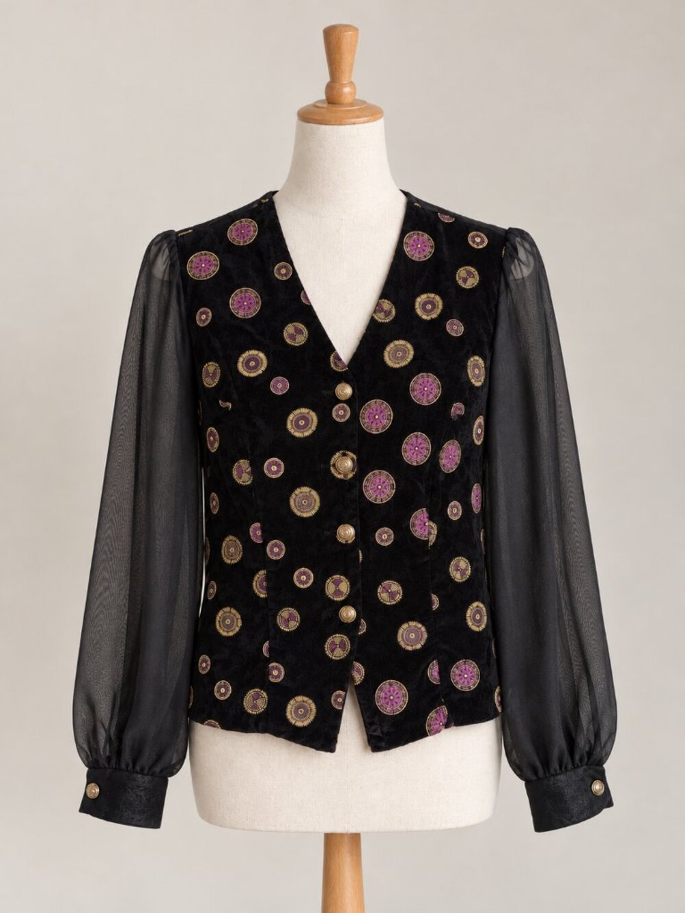 Vintage Tradition Black Velvet Blouse with Gold & Purple Embroidered Medallions